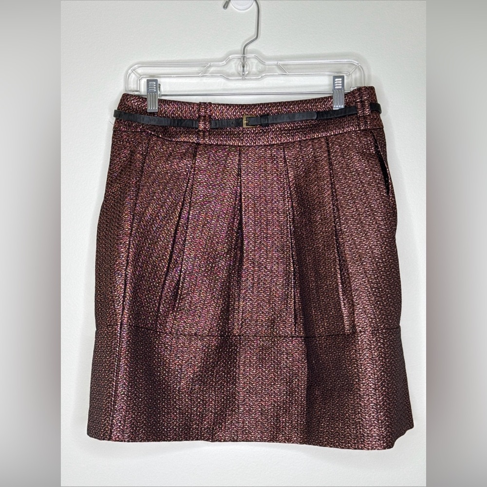 Worthington Metallic Copper Pleated Skirt Womens Size 8 Lined Belted A-Line